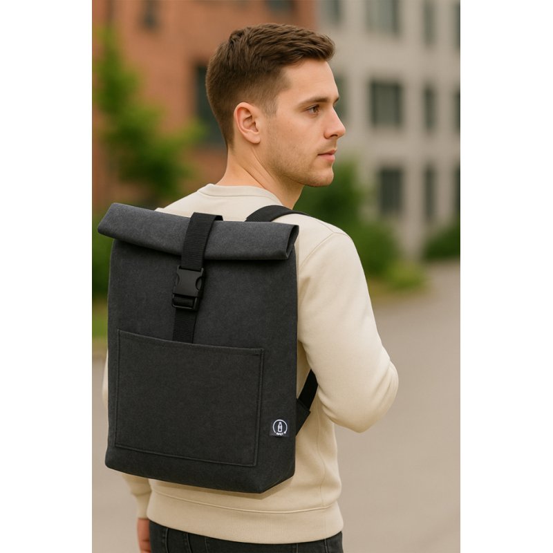 STOP rolltop rugzak, 100% gerecycled PET-vilt, tot 17,3 inch, donkergrijs
